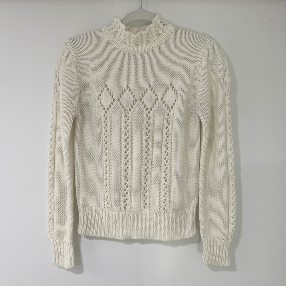 Vintage Pointelle Knit Sweater Womens S Ivory Ruffle Mock‎ Neck Puff Sleeve